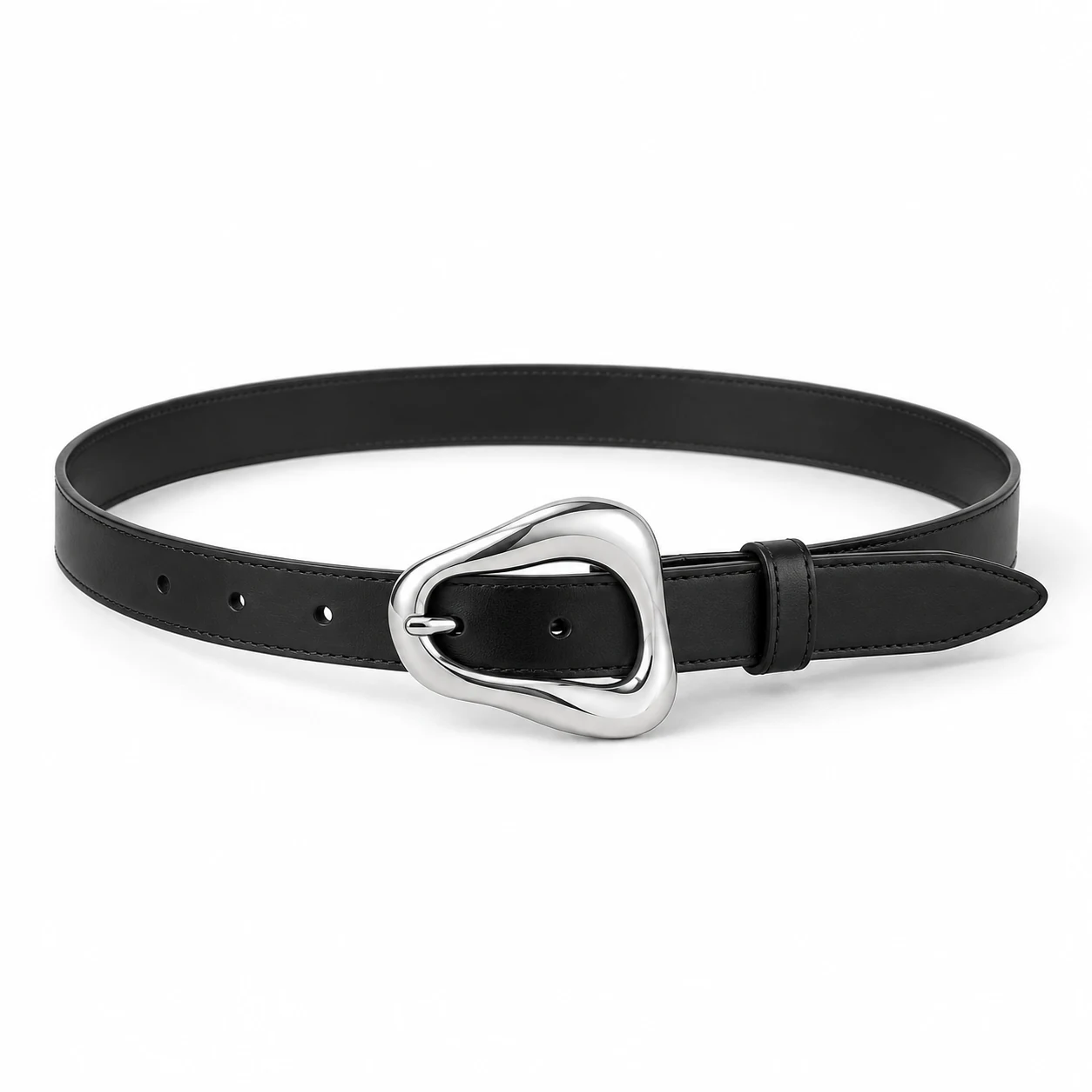 A slim belt with a sculptural silver buckle. Concept imagery for the store preview.